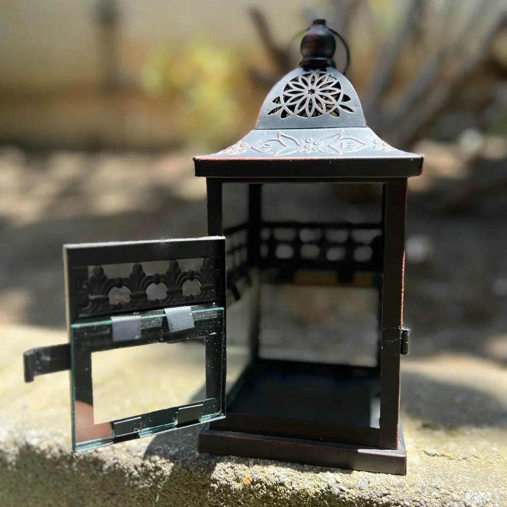 Small Black and Red Metal Lantern Candle Holder